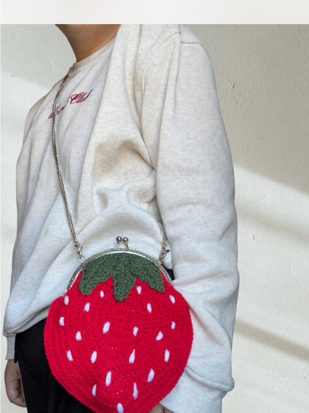 Handmade Red Strawberry Crochet Crossbody Bag with Green Leaf Accent